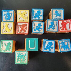 Vintage Disney Characters Playskool 14 Wooden Blocks Toys *GLUE DAMAGE READ DESC